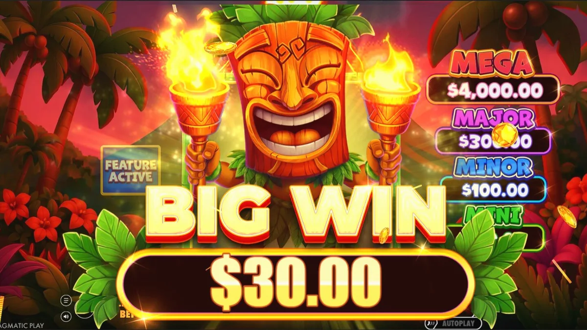 Interface do slot Super Tiki Strike com tema tropical e vulcão ao fundo