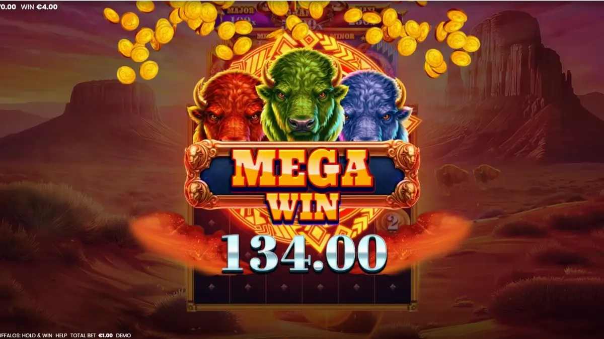 O slot 3 Blazing Buffalos: Hold & Win com seus símbolos de búfalos neon e interface de jogo.