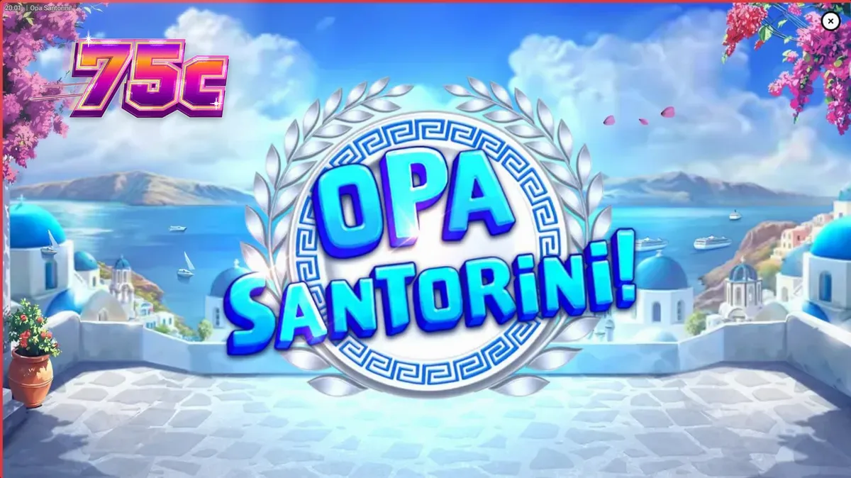 Cena ensolarada da ilha de Santorini com elementos do jogo Opa Santorini!